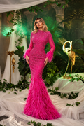 Vellure Couture hot pink sequin feather evening gown front view