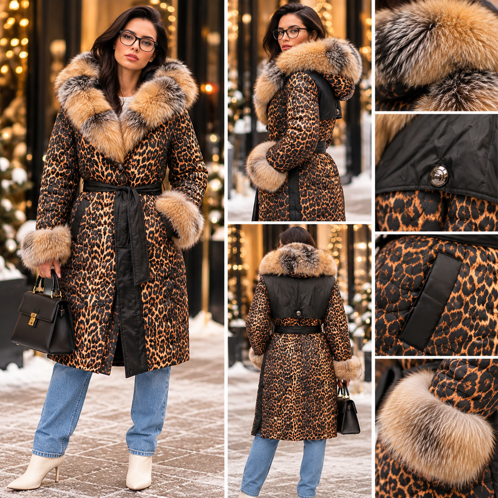 Leopard print quilted winter coat with natural fox fur trim detail collage