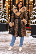 Leopard print quilted winter coat with natural fox fur trim front full-body view
