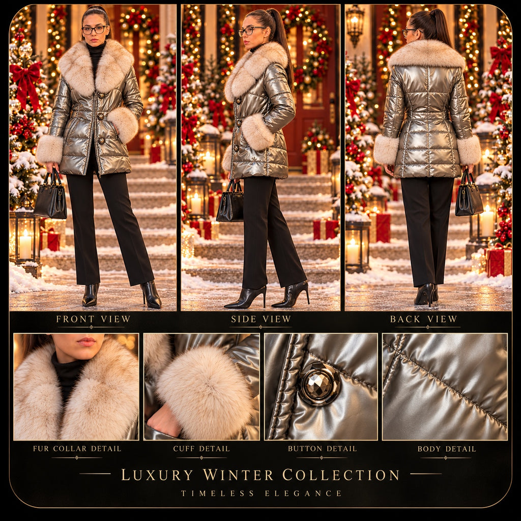 Metallic silver winter jacket with light fur trim - front, side, back and detail collage