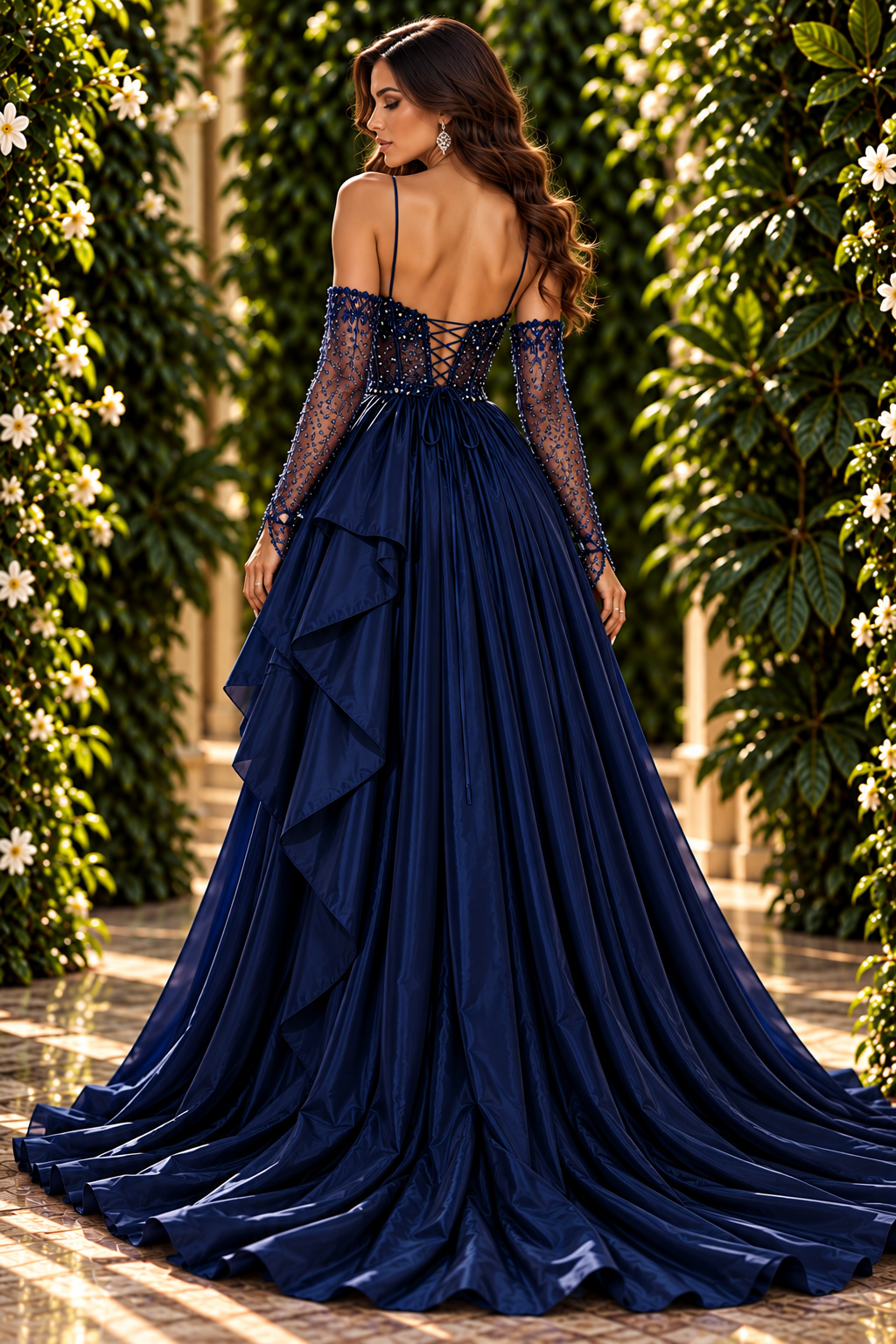 Midnight blue crystal ruffle corset evening gown back view - Vellure Couture
