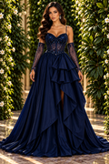 Midnight blue crystal ruffle corset evening gown front view - Vellure Couture