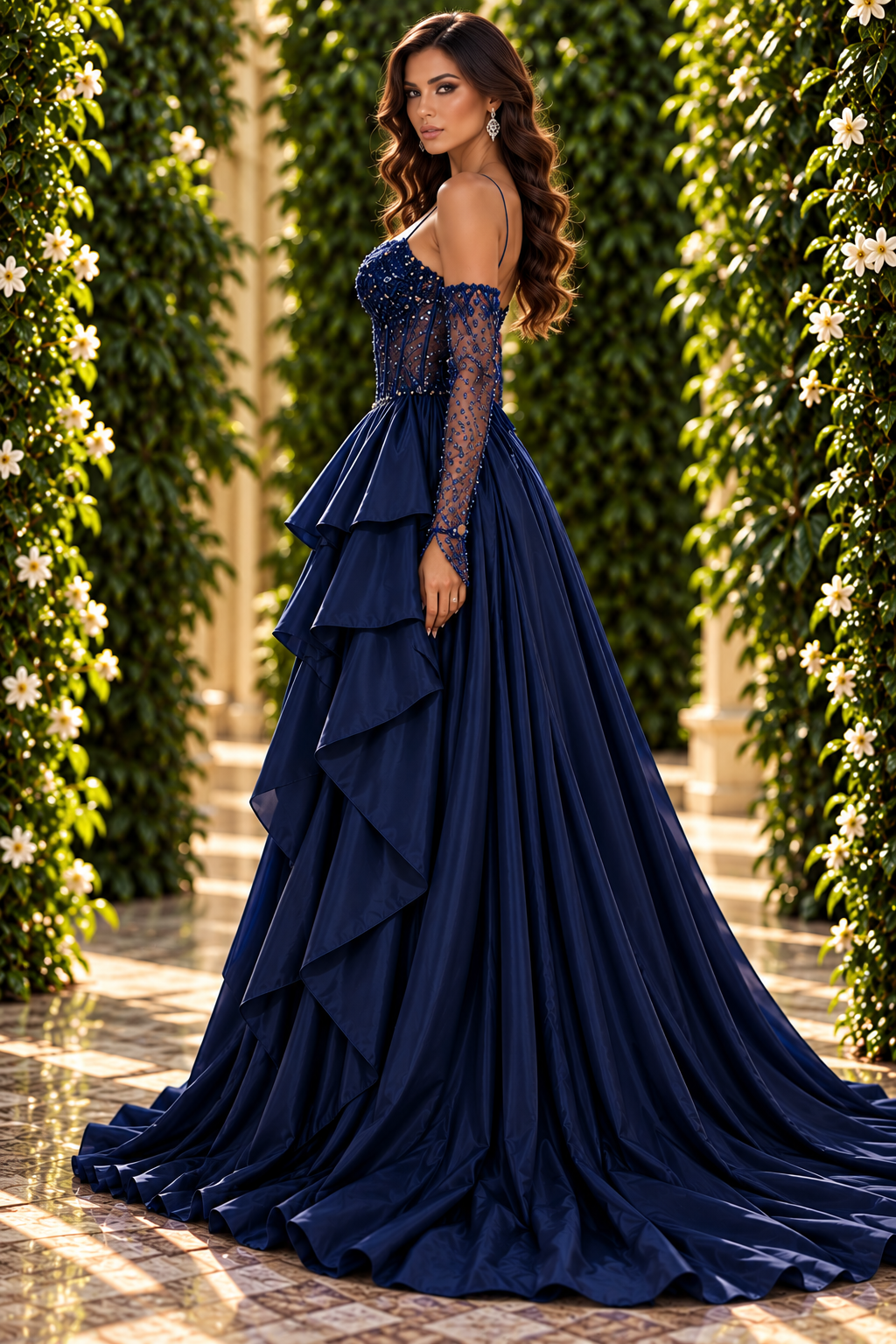 Midnight blue crystal ruffle corset evening gown side view - Vellure Couture