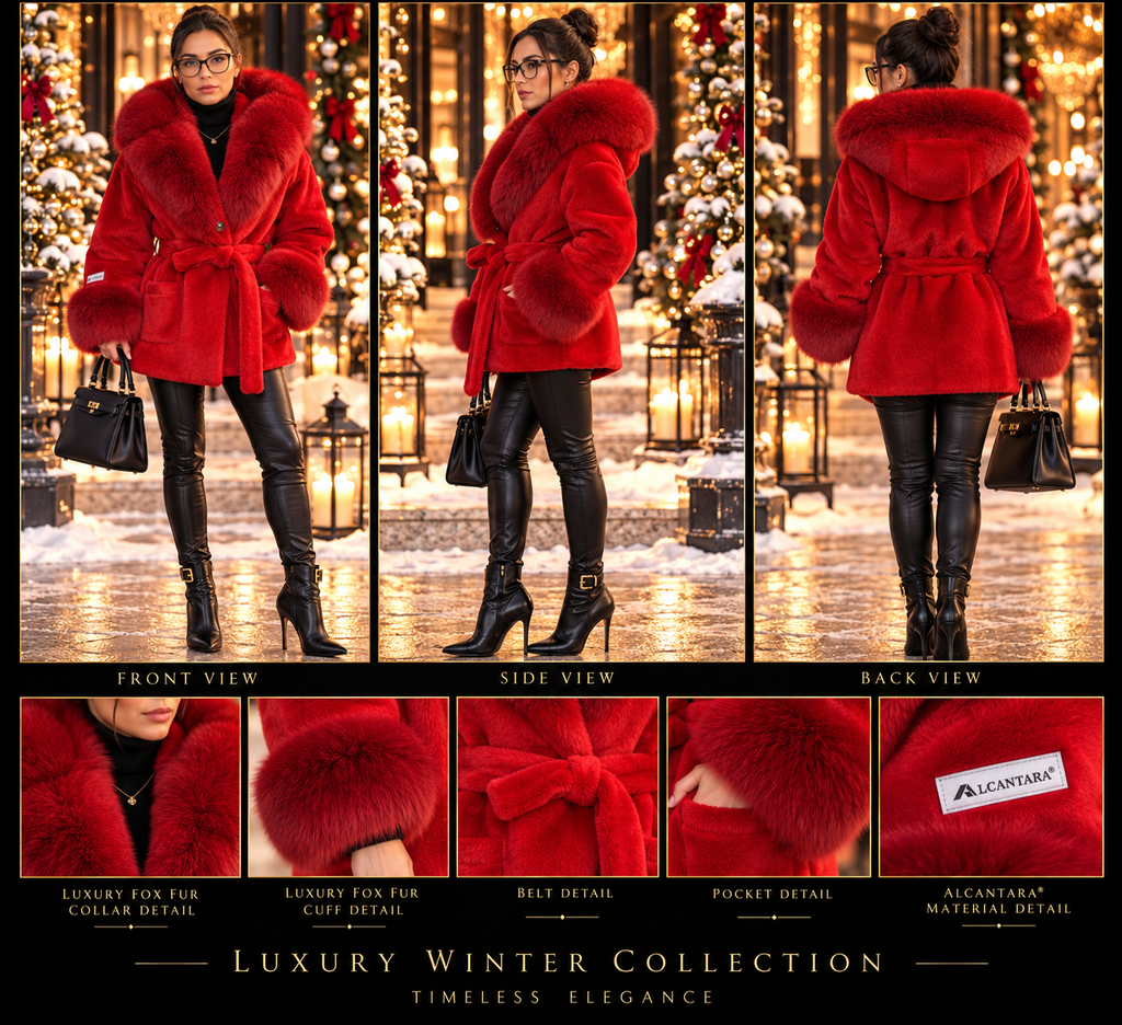 Vellure Couture red Alcantara coat with fox fur trim detail collage