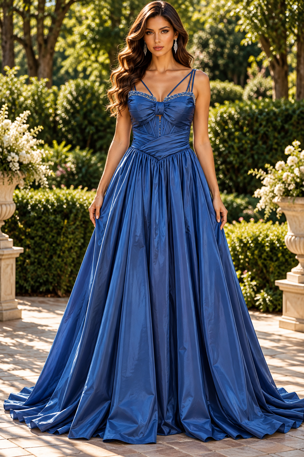 Royal blue satin bow corset evening gown front view on model - Vellure Couture