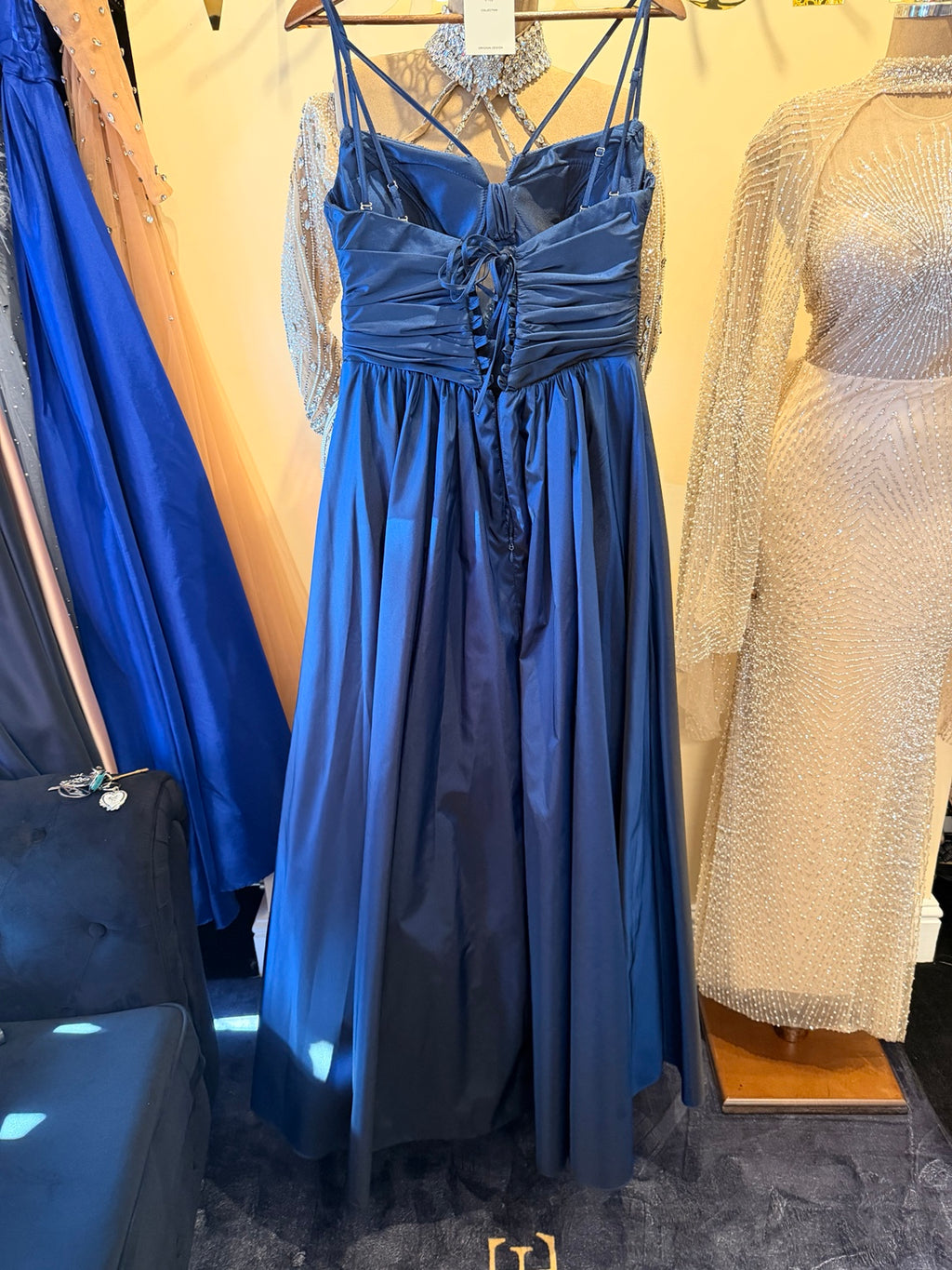 Royal blue satin bow corset evening gown back detail - Vellure Couture