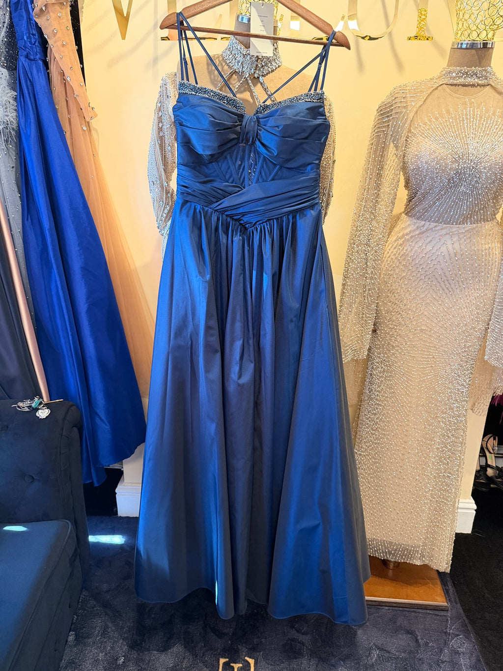Royal blue satin bow corset evening gown front detail - Vellure Couture