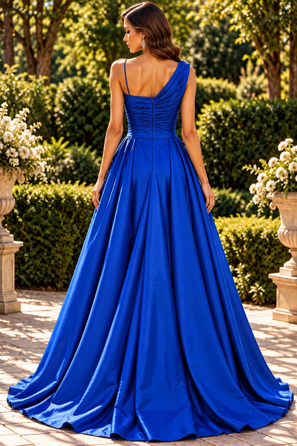 Royal blue one-shoulder draped satin gown back view - Vellure Couture