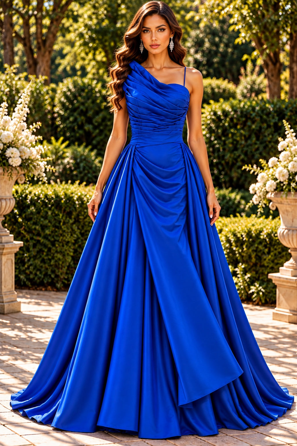 Royal blue one-shoulder draped satin gown front view - Vellure Couture
