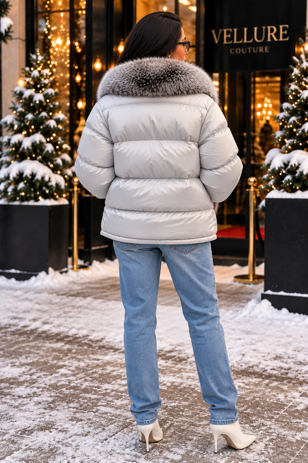 Silver natural fur trim puffer jacket back full-body view