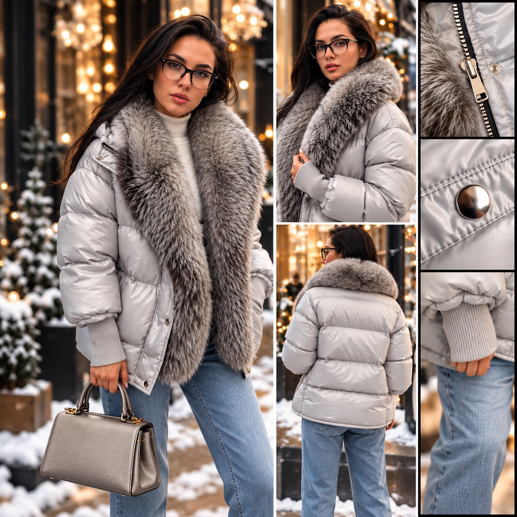 Silver natural fur trim puffer jacket detail collage