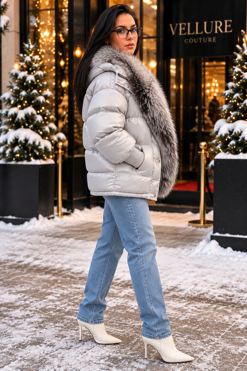 Silver natural fur trim puffer jacket side view