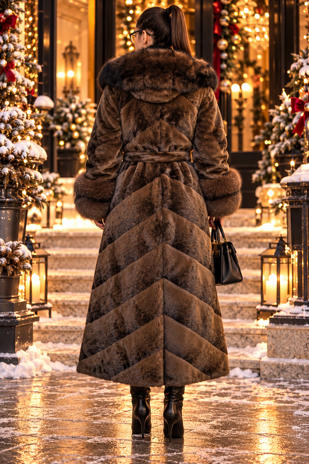 Vellure Couture taupe Alcantara coat with fox fur back view