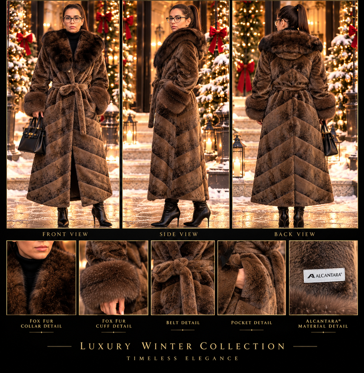 Vellure Couture taupe Alcantara coat with fox fur detail collage