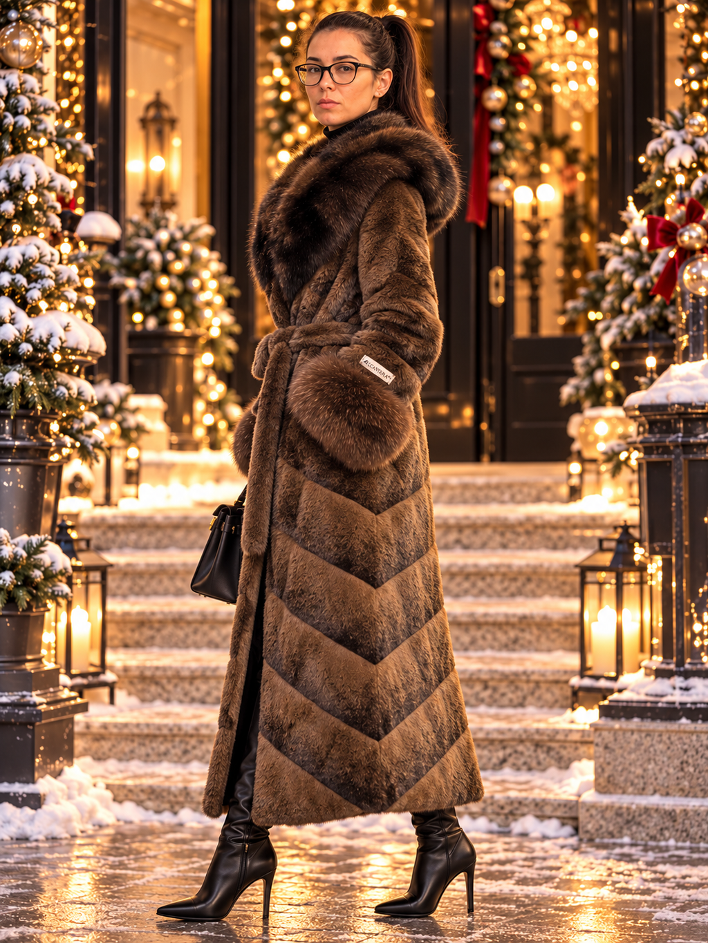Vellure Couture taupe Alcantara coat with fox fur side view