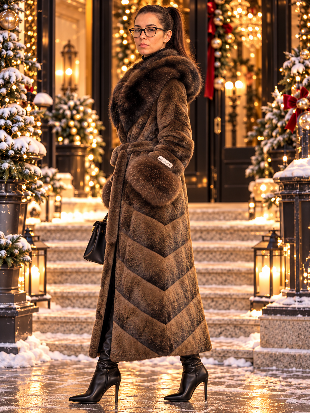 Vellure Couture taupe Alcantara coat with fox fur side view