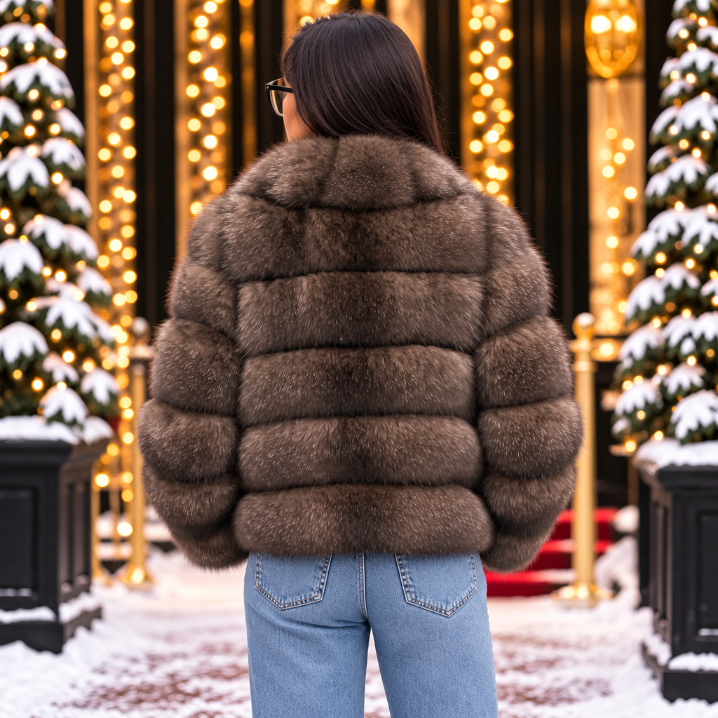 Taupe natural fox fur 2-in-1 jacket back view