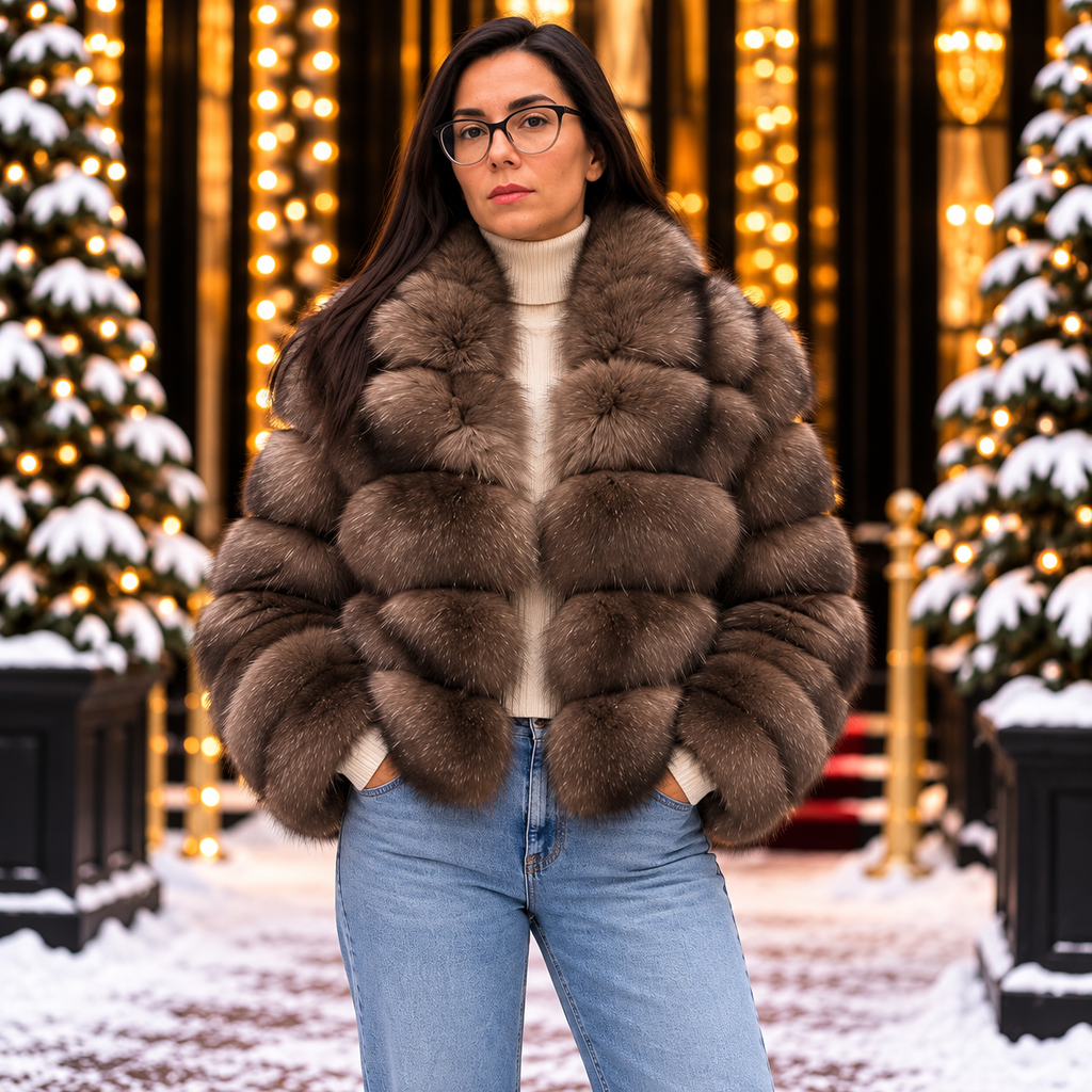 Taupe natural fox fur 2-in-1 jacket front view