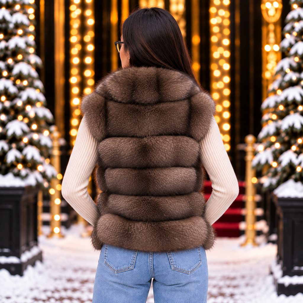 Taupe natural fox fur 2-in-1 gilet back view