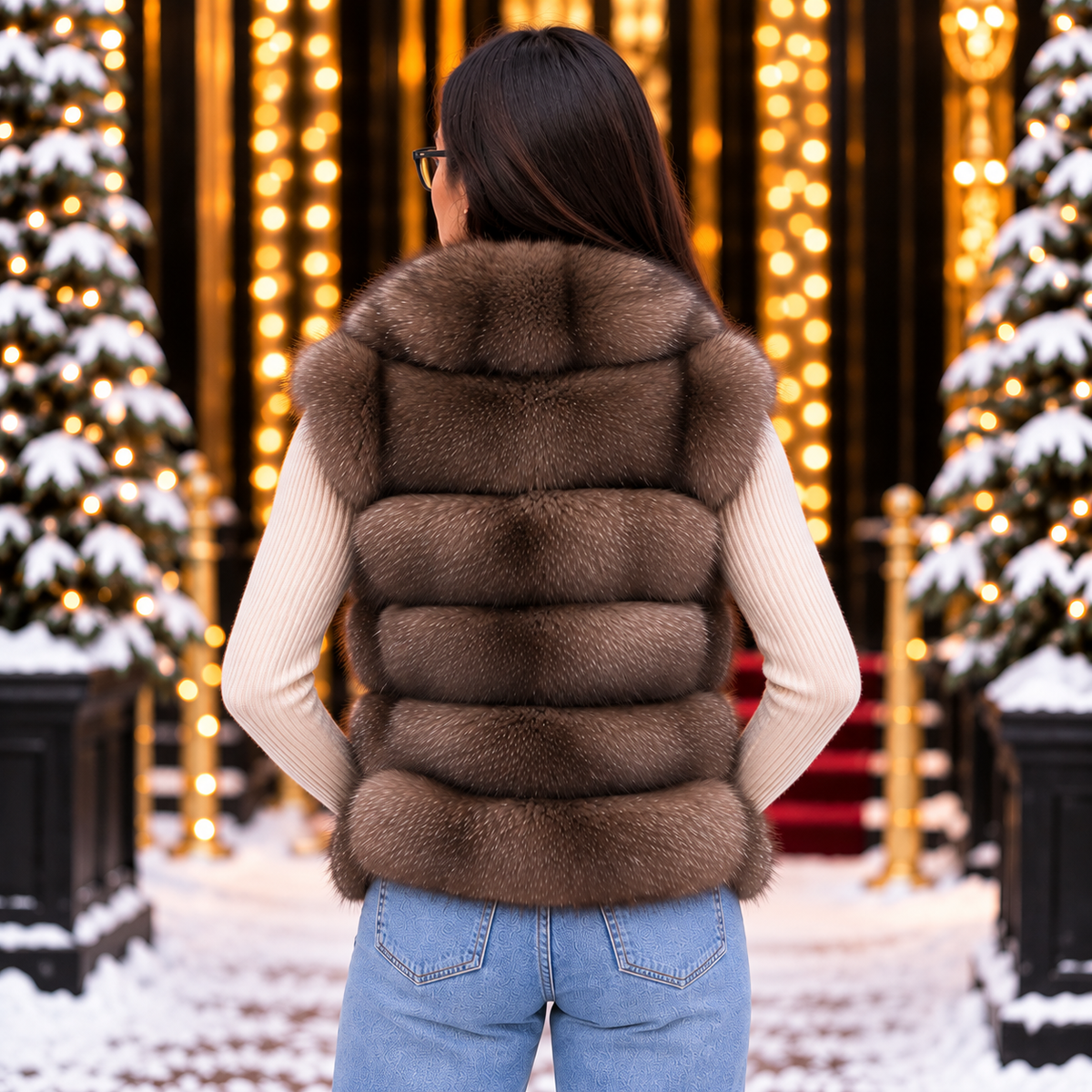 Taupe natural fox fur 2-in-1 gilet back view