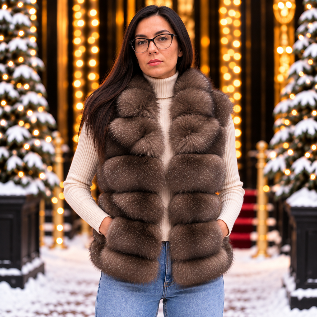 Taupe natural fox fur 2-in-1 gilet front view