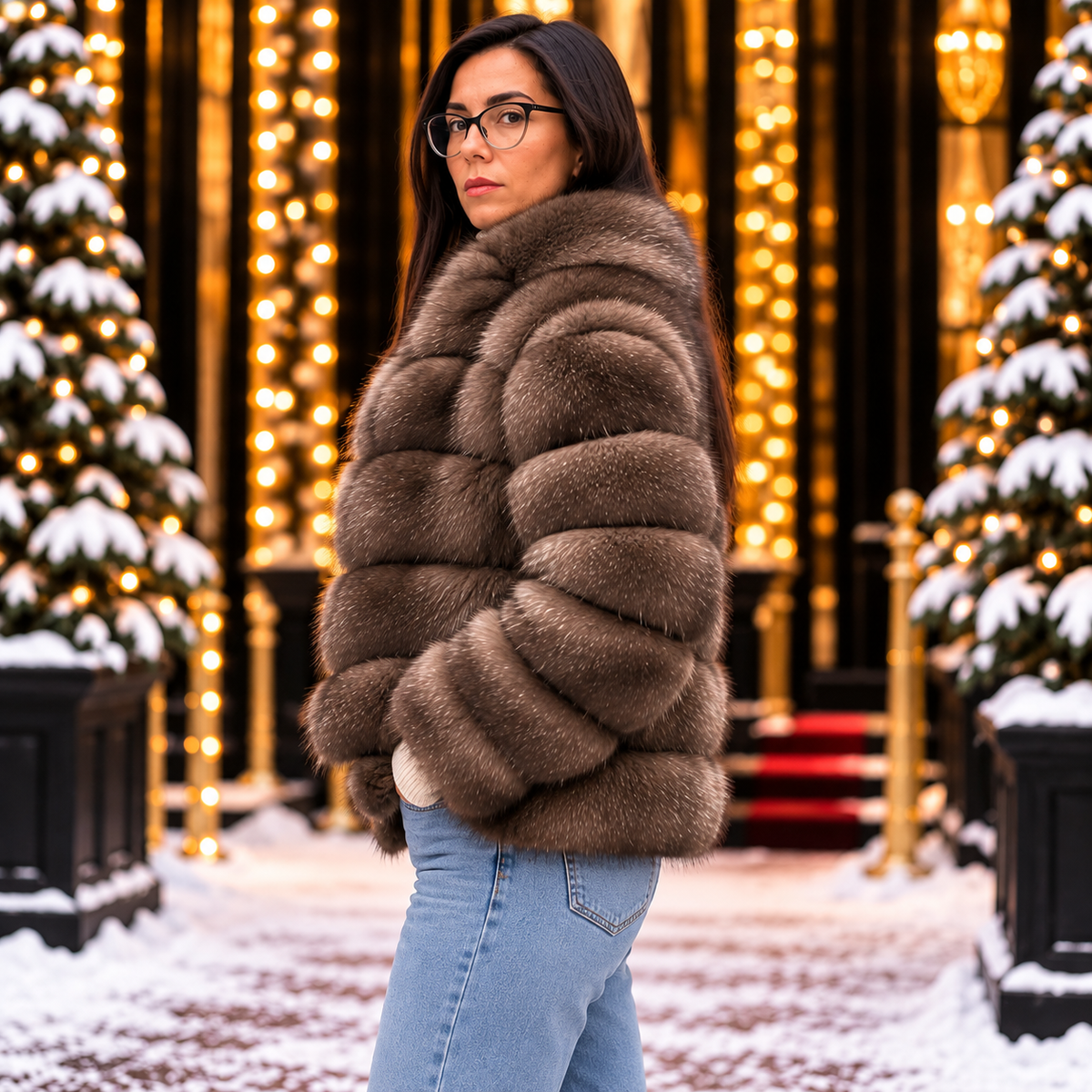 Taupe natural fox fur 2-in-1 jacket side view