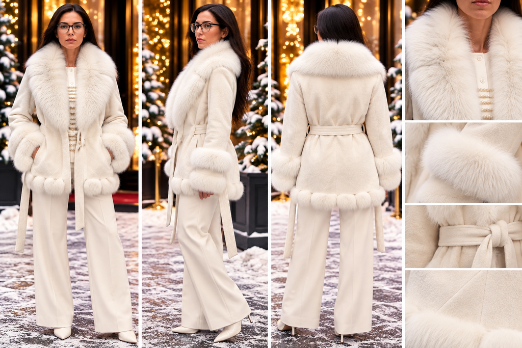 White Alcantara coat with natural white fox fur trim detail collage