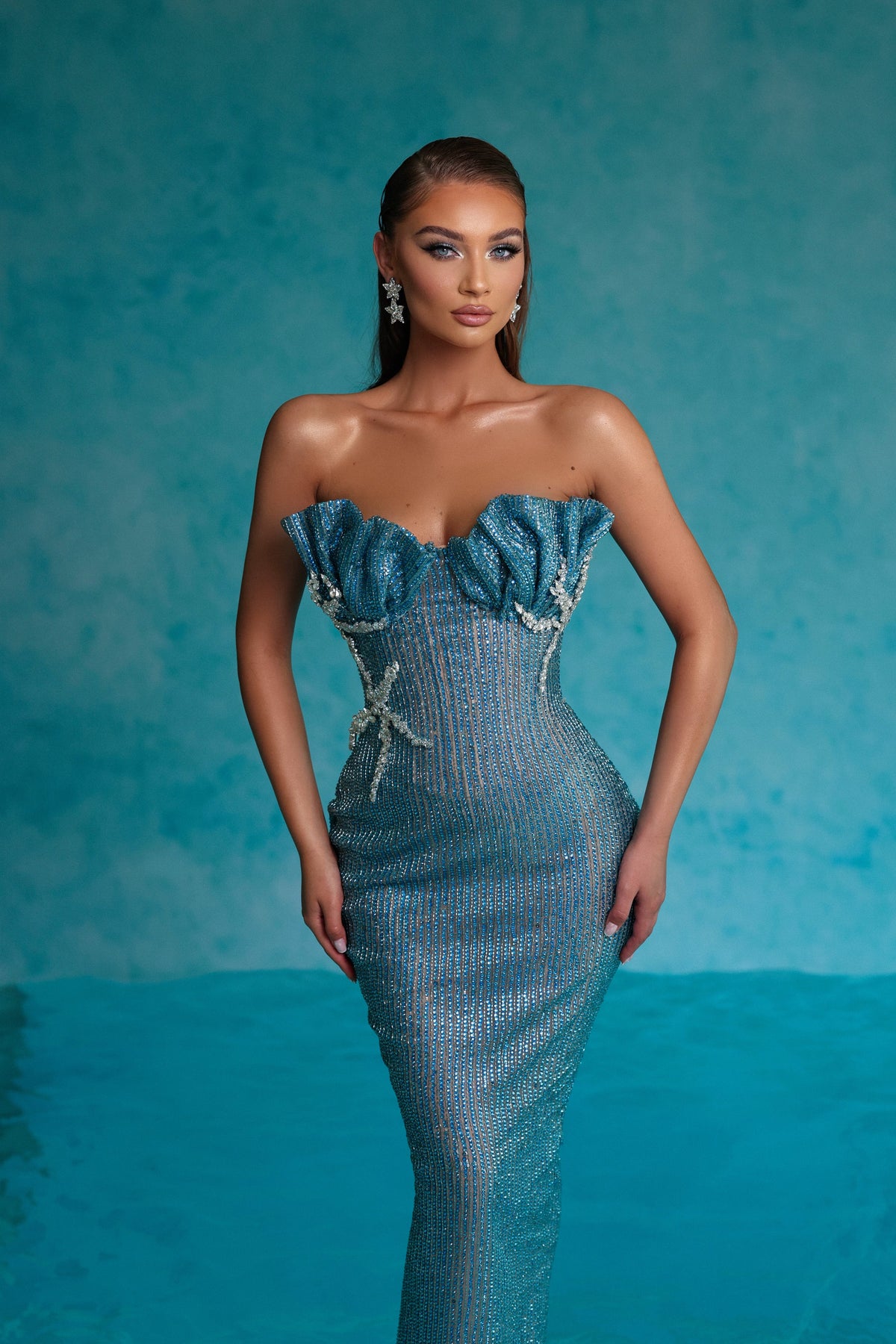 Blue Rhinestone Dress with Shell Cups