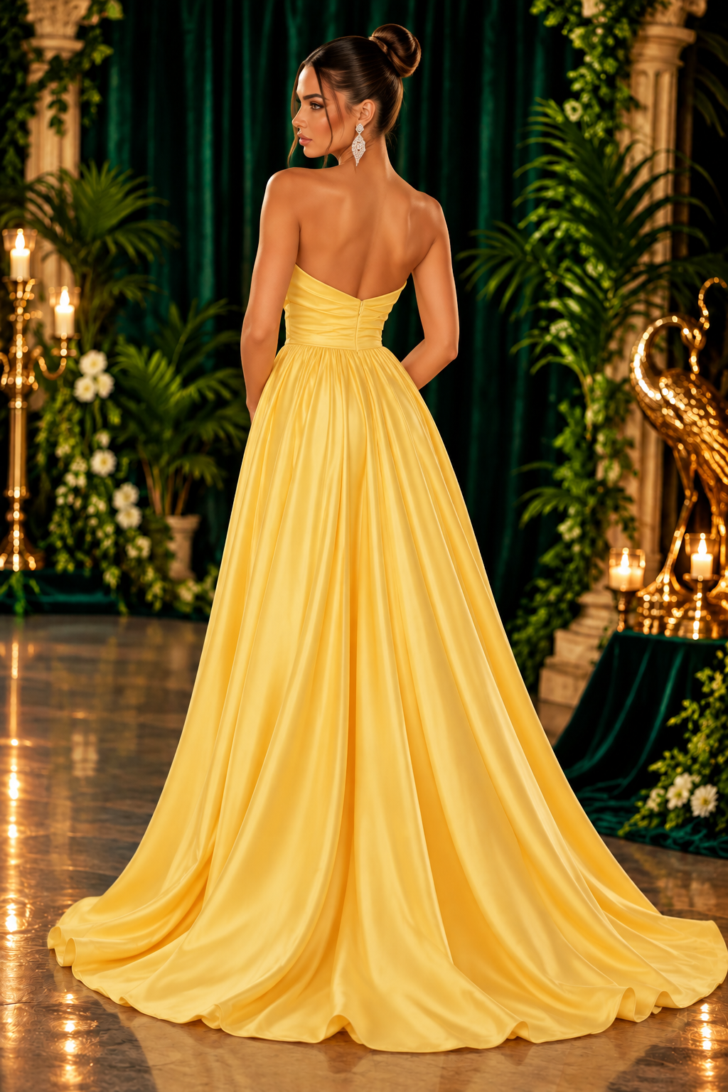 Yellow satin ball gown back view | Vellure Couture Northampton