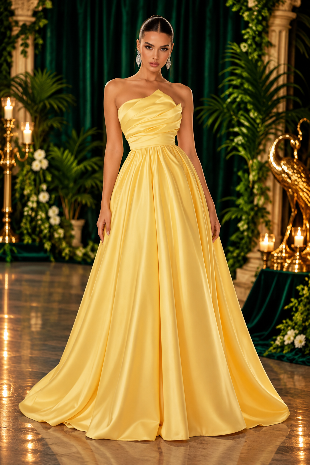 Yellow satin ball gown front view | Vellure Couture Northampton