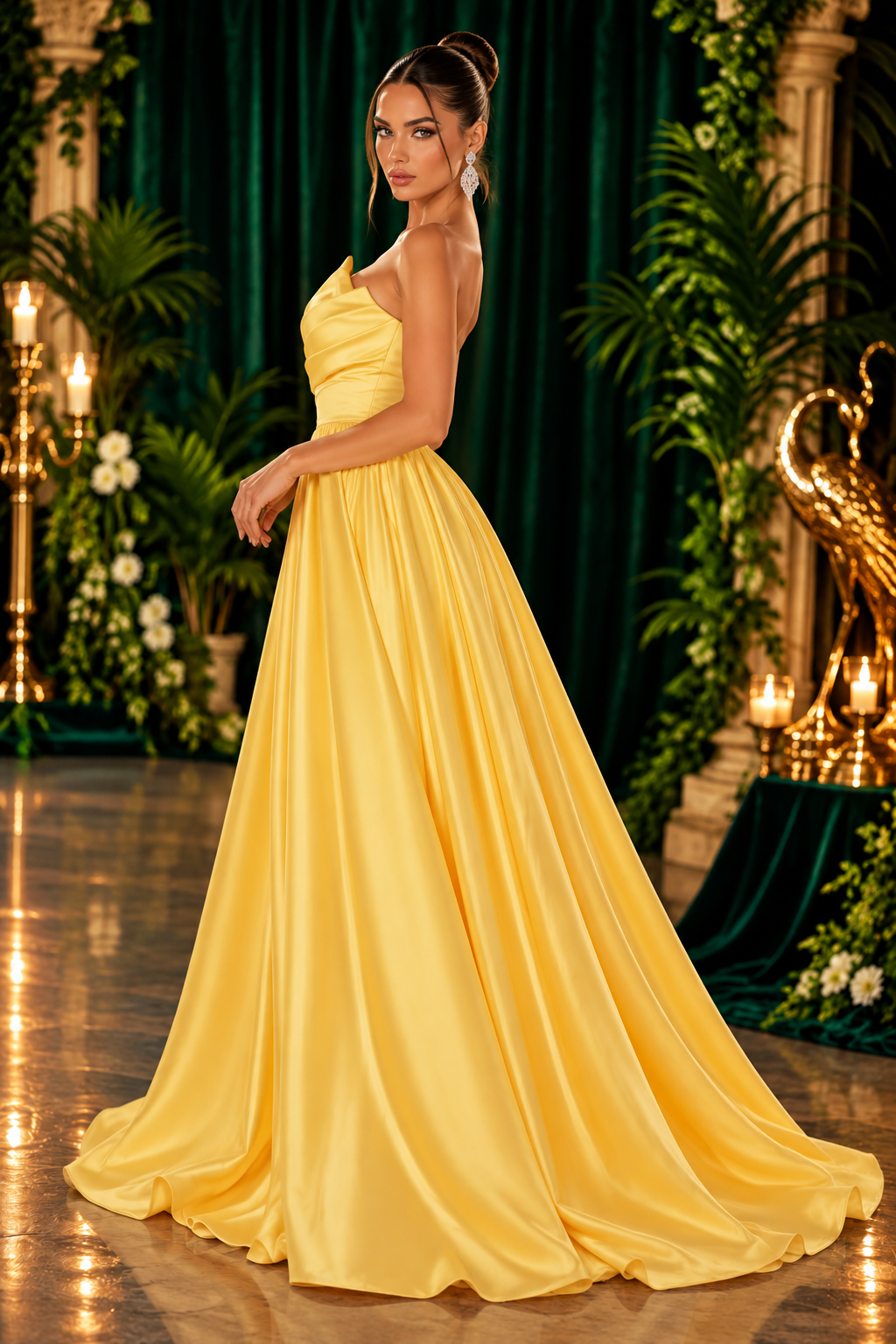 Yellow satin ball gown side view | Vellure Couture Northampton